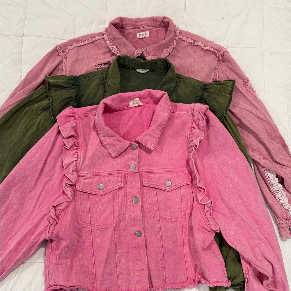 POL Pink and Green Ruffle Denim Jackets. Dark pink is BiBi
